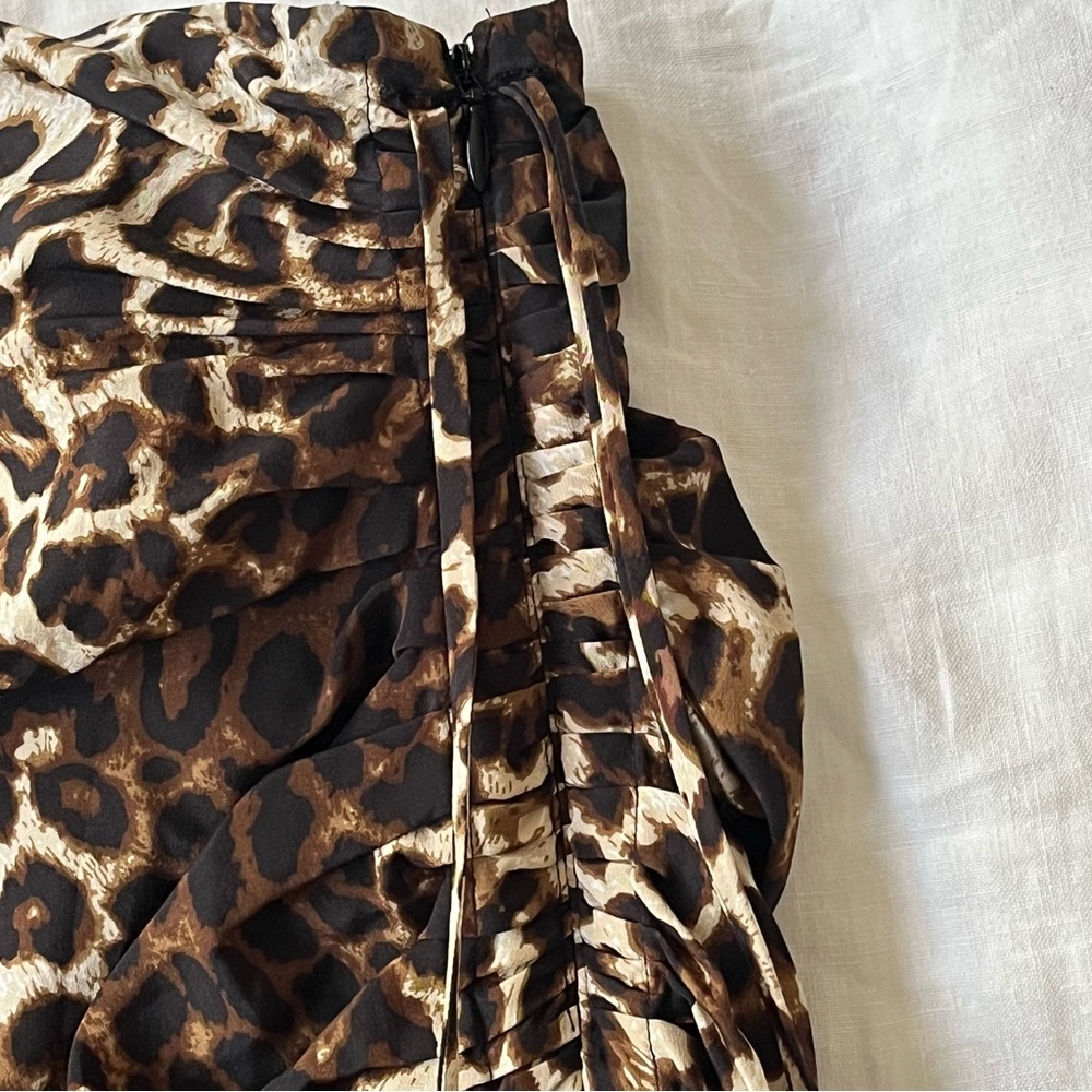 Veronica Beard Ari Skirt, Ruched Silk Animal Print Black Brown High-Low Skirt - Picture 3 of 7